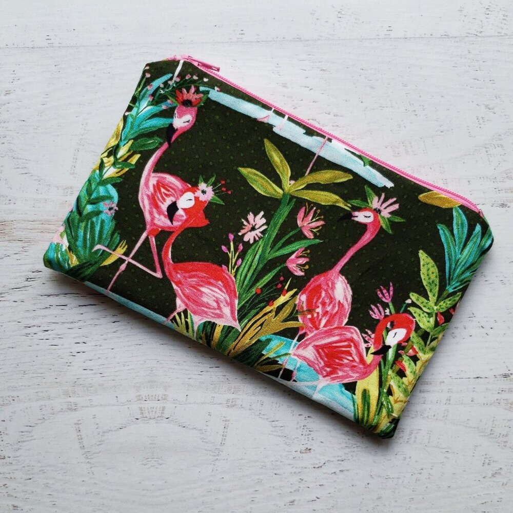 NEW! Tropical Brown + Pink Flamingo Classic Zip Zipper Pouch Bag Makeup Case